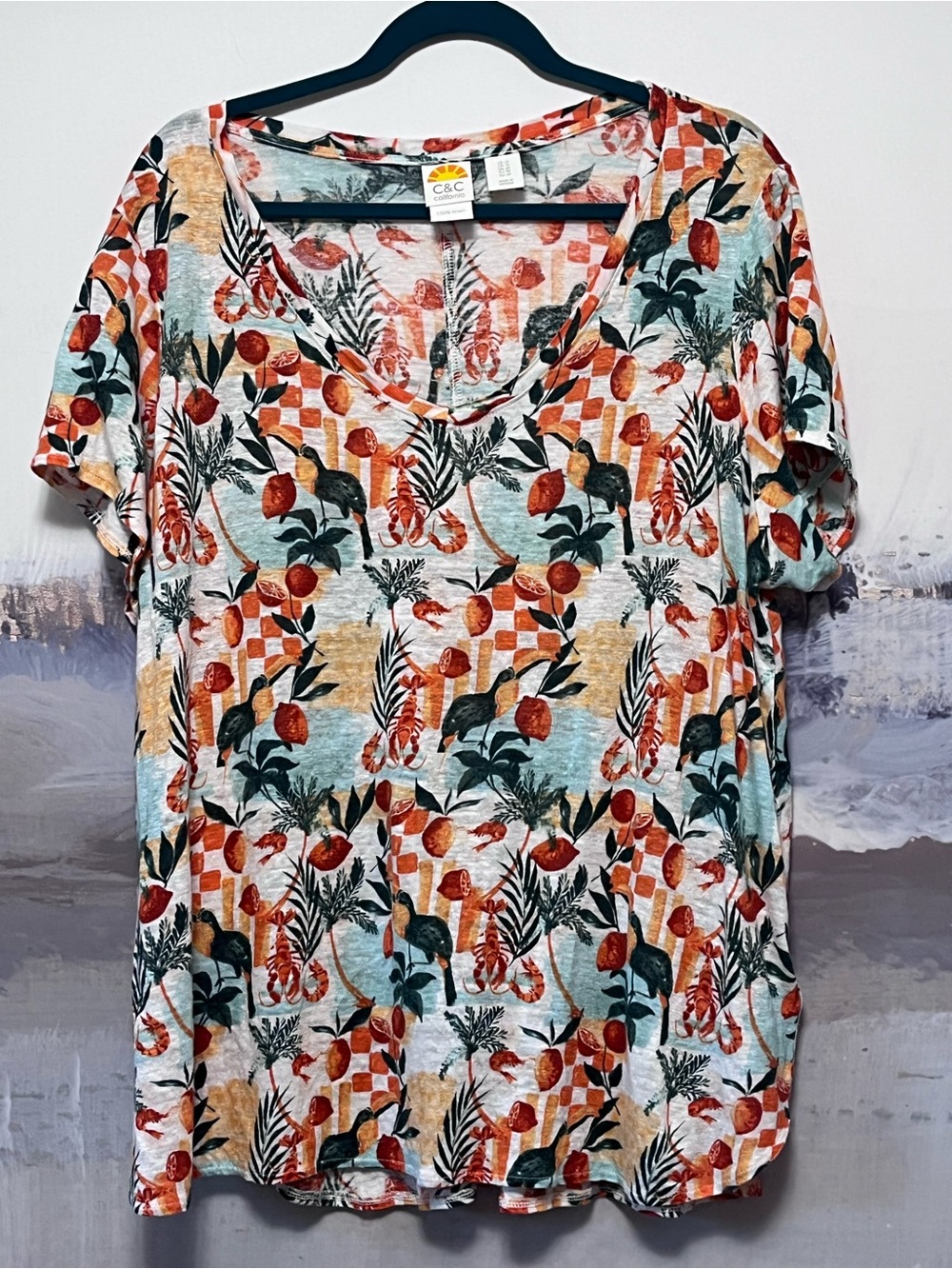 C&C California 100% Linen Tunic Top Tropical Toucan Lobster Artsy V-Neck Size 1X